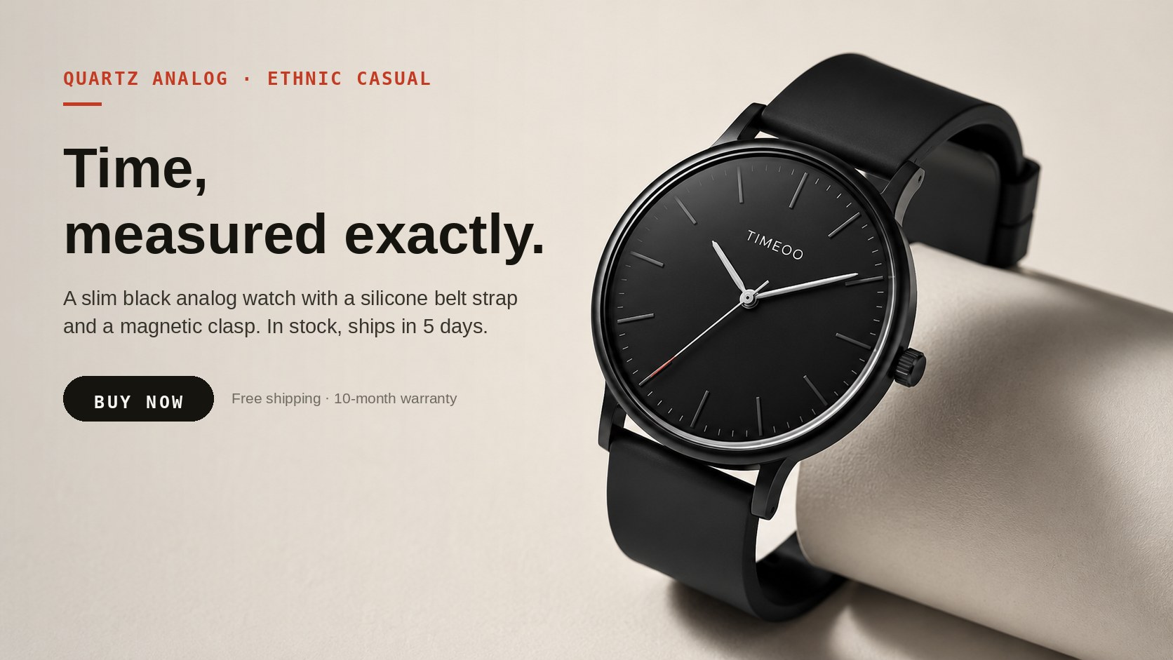 Timeoo black analog watch with silicone strap and magnetic clasp — Time, measured exactly. Buy now.
