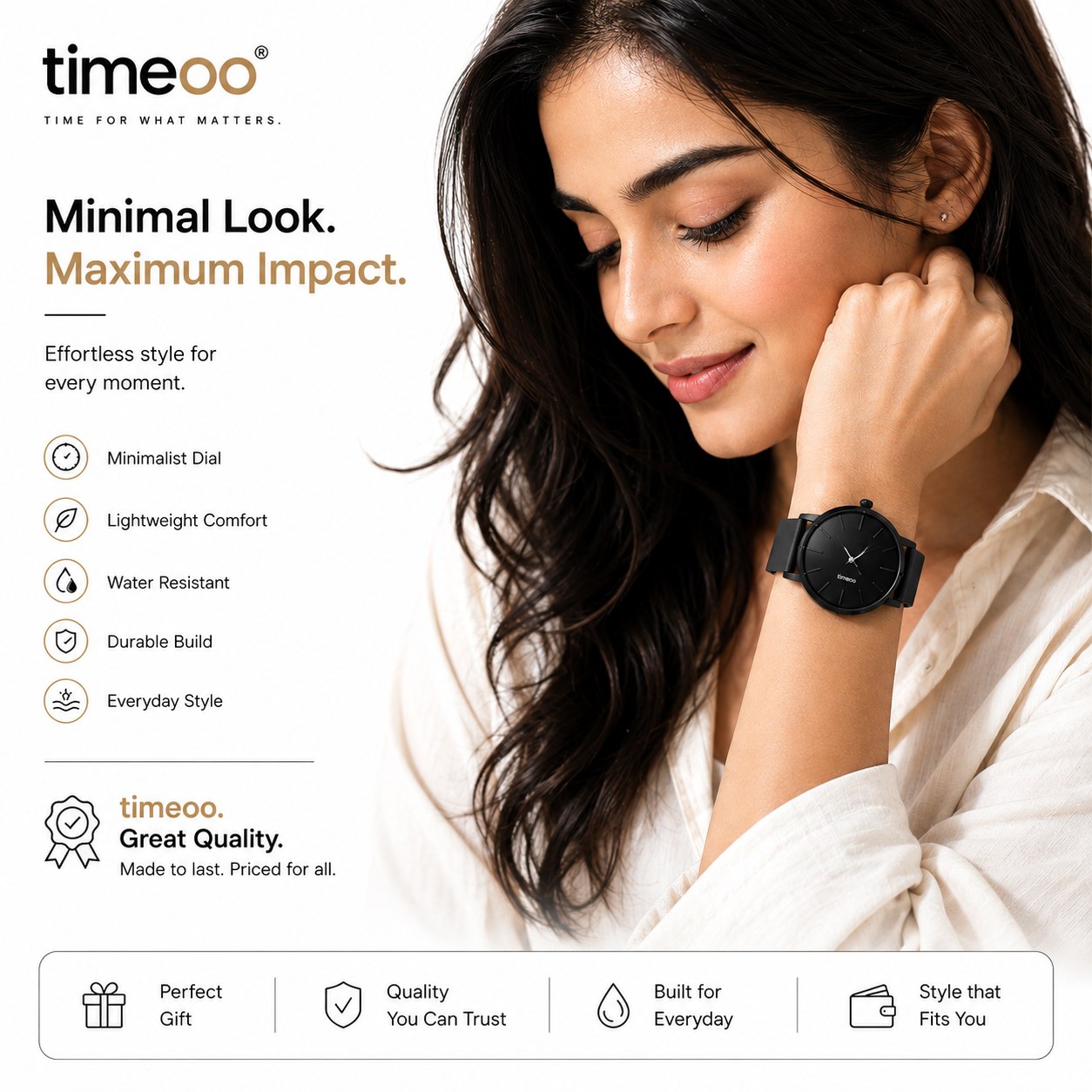 Timeoo marketing image: Minimal Look, Maximum Impact — the watch worn on a woman's wrist over a casual outfit